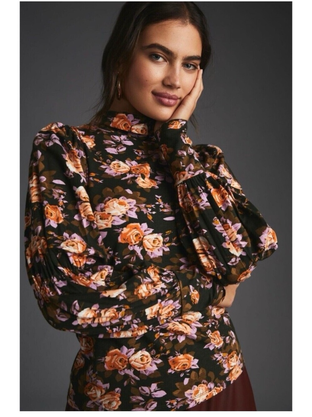 Anthropologie Floral Tiered Sleeve Turtleneck Blouse